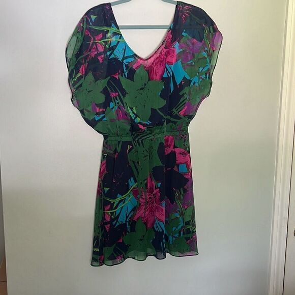 Express Women's Multicolor Floral V-Neck Chiffon Mini Dress Size Medium - Picture 1 of 8